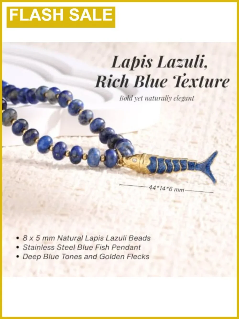 Natural Lapis Lazuli Beaded Necklace Stainless Steel Fish Pendant